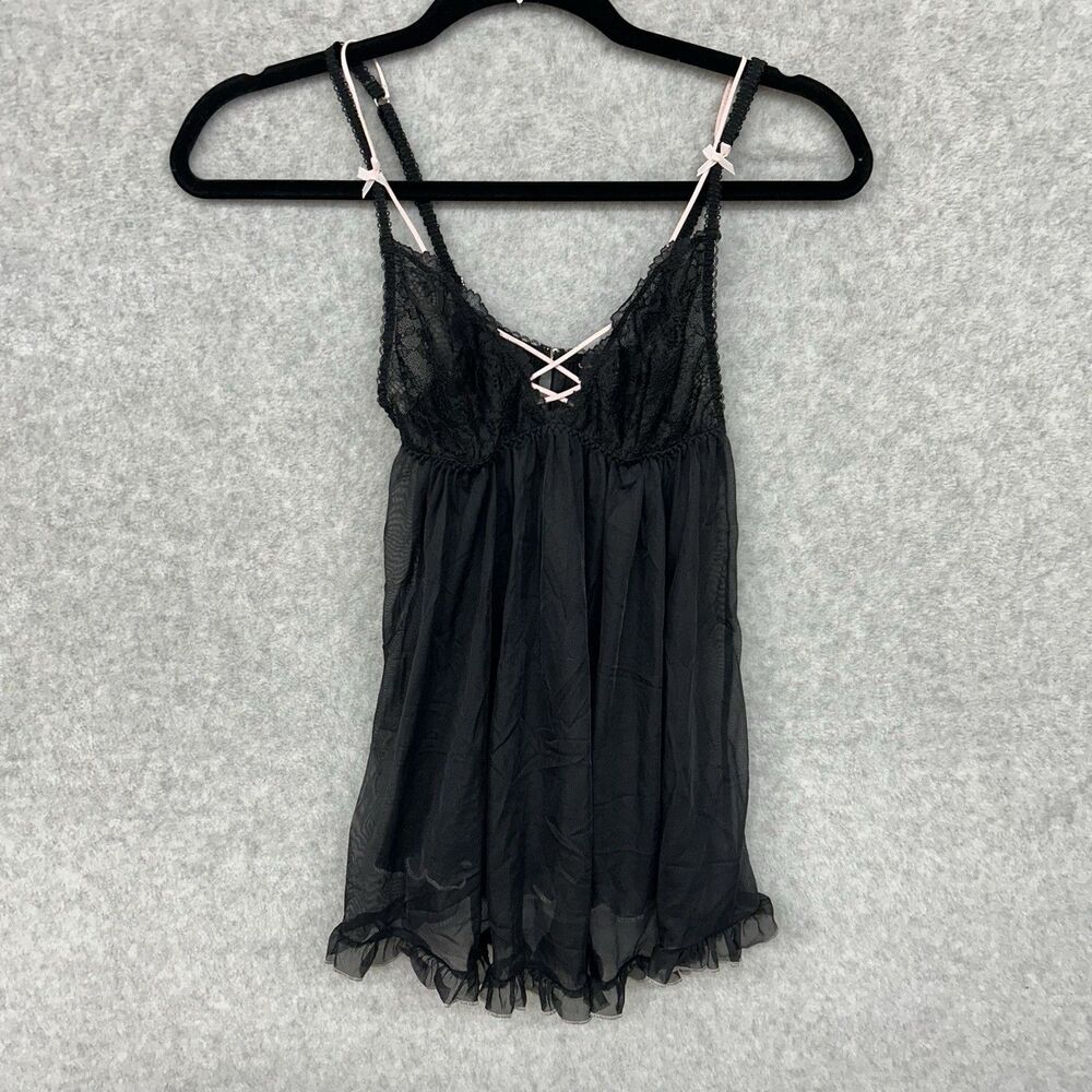 Victoria's Secret Black Lace Sheer Babydoll Nightgown Adjustable Straps Size S